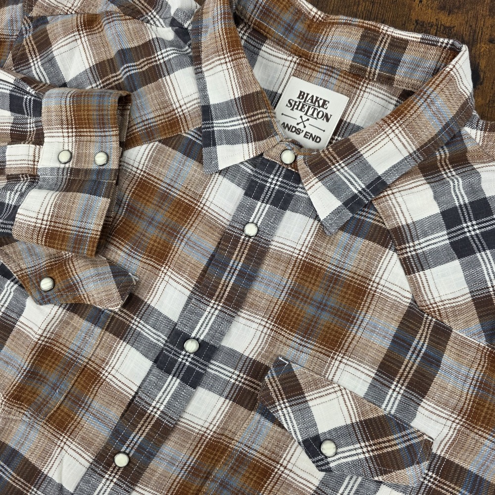 Blake Shelton Lands End Mens 3XL‎ Flannel Shirt Pearl Snap Western Long Sleeve